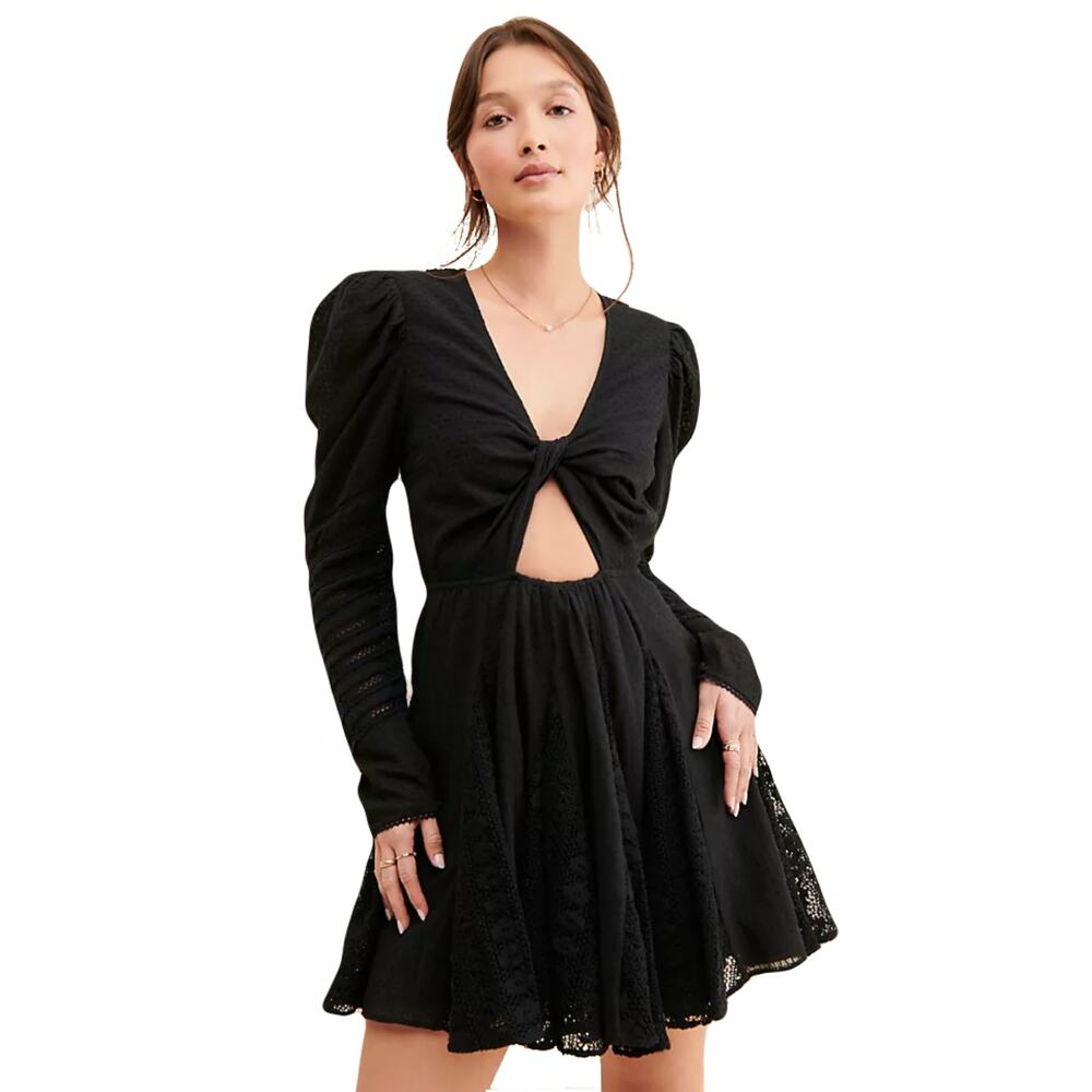 Nwot HEMANT & NANDITA Dress M Black Mini Lace Twist Front Puff-Long-Slg Cotton